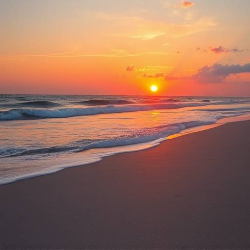 The sun setting over Tybee Island, Georgia, casting a warm glow on the sandy beach and gentle waves.